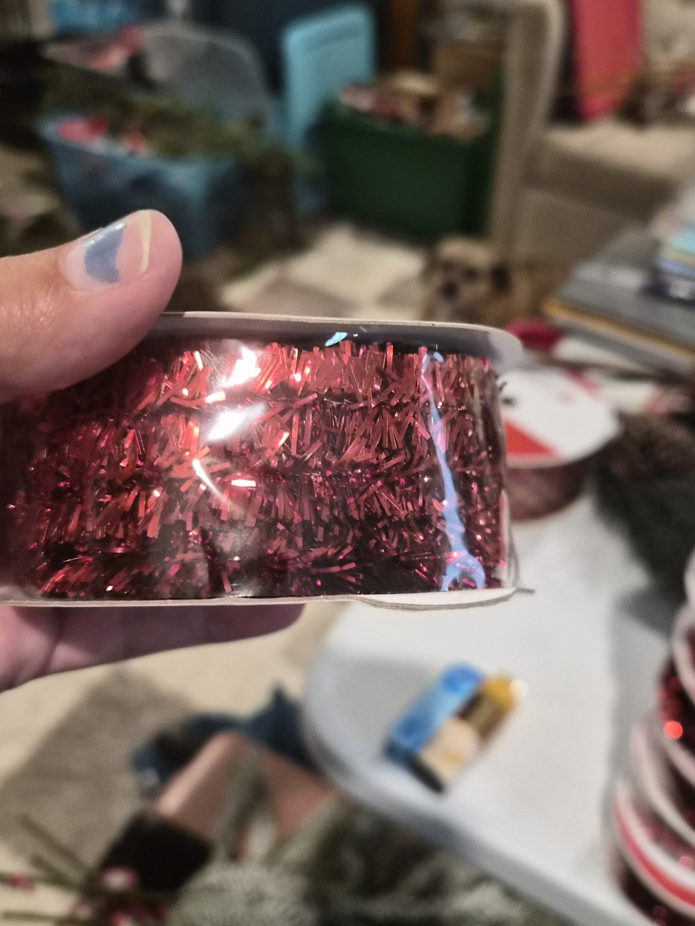 Celebrate It Red Metallic Tinsel Wired Ribbon, 5/8 in x 30 ft Christmas Garland
